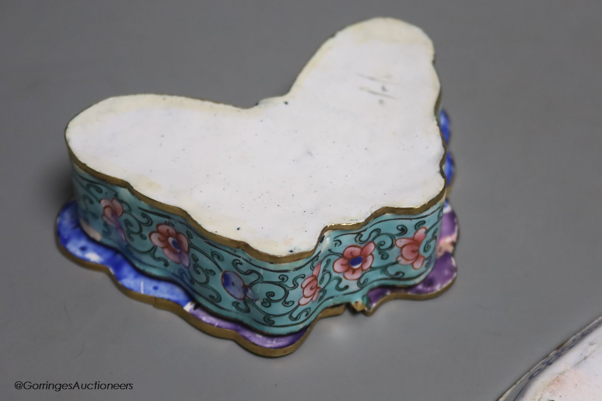 Three Chinese Canton enamel wares, square dish with seal mark Qing period